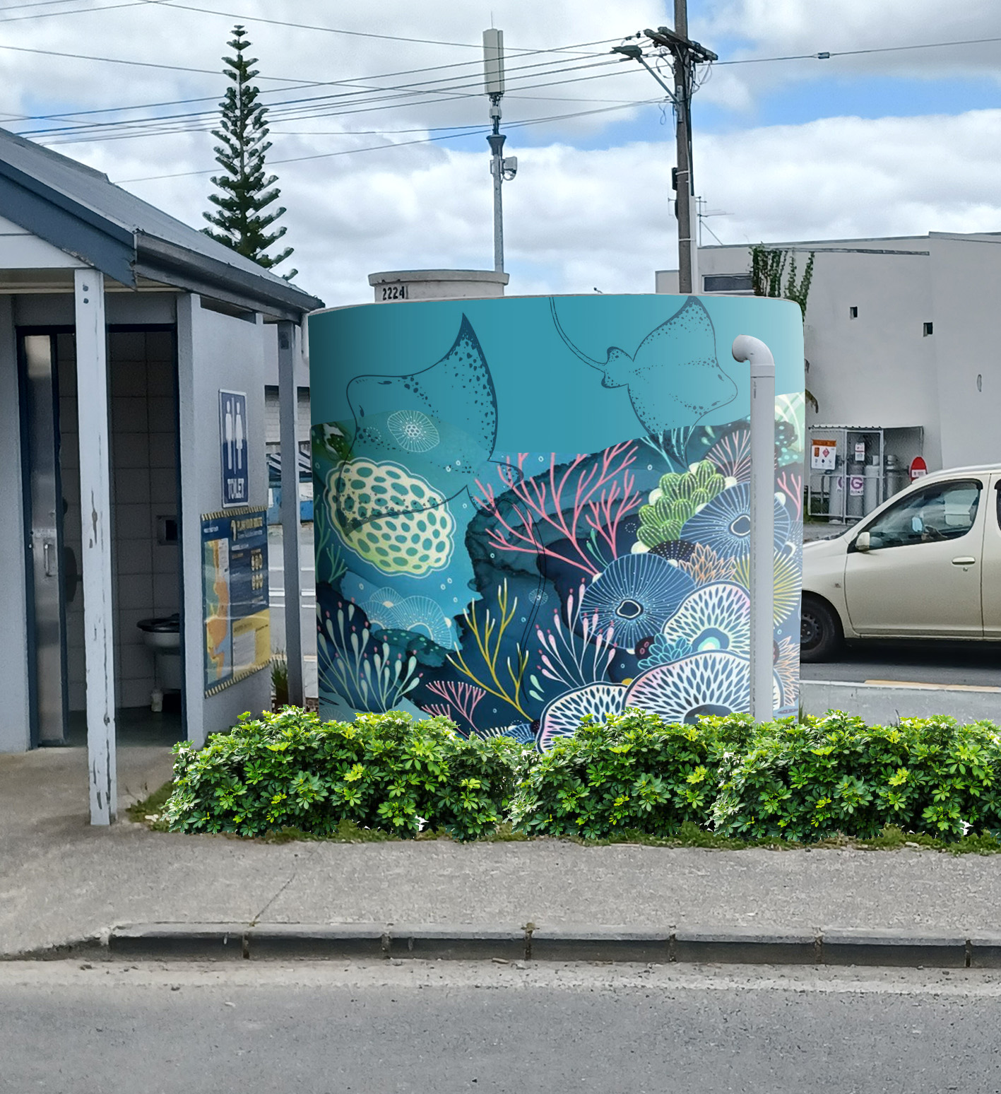 Water tank with images of stingray and ocean reef.